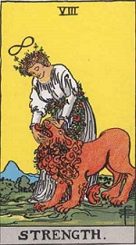 Rider-Waite tarotkort nr. 8, Styrke (billede)